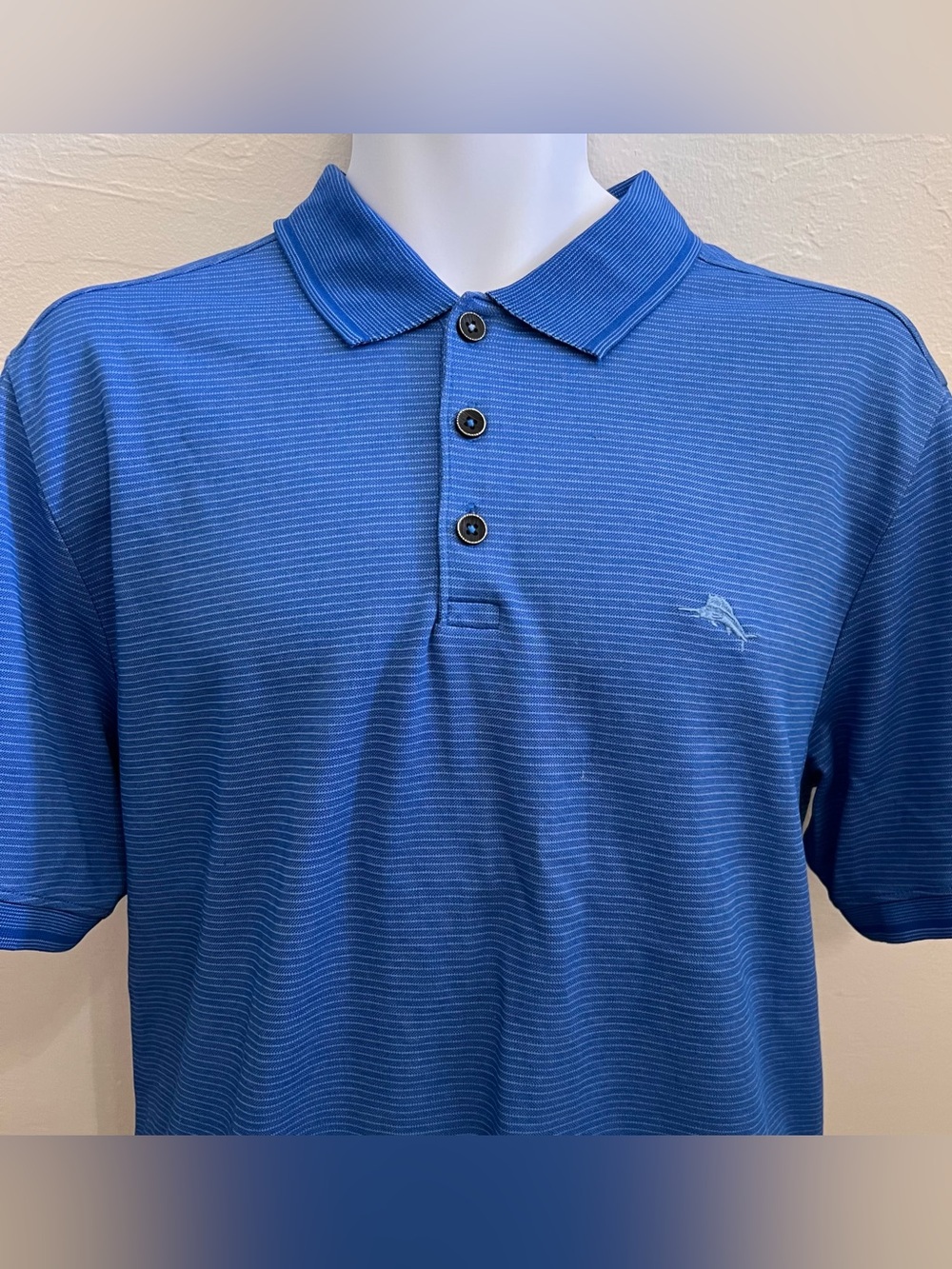 Tommy Bahama Blue Striped Polo with Embroidered Marlin Mens Size Large